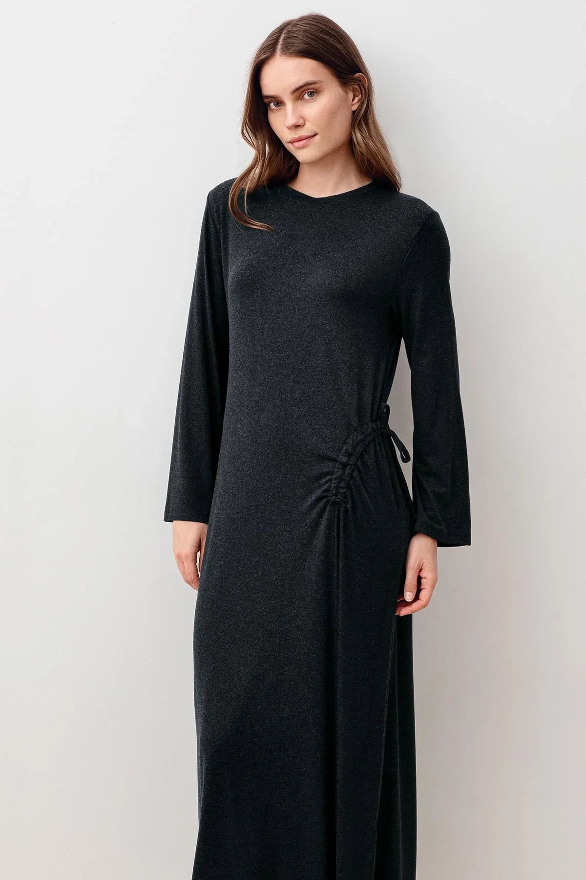 Long-Sleeved Soft-Textured Ruched Stretchy Viscose Dress 20103