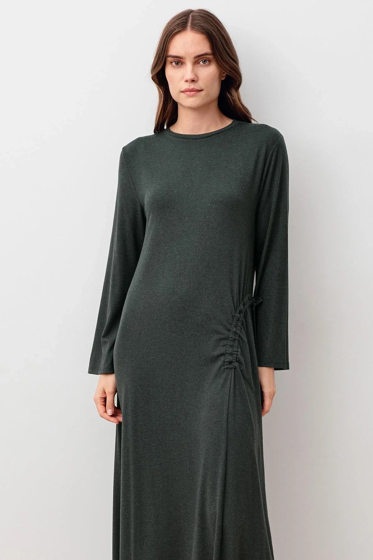 Long-Sleeved Soft-Textured Ruched Stretchy Viscose Dress 20103