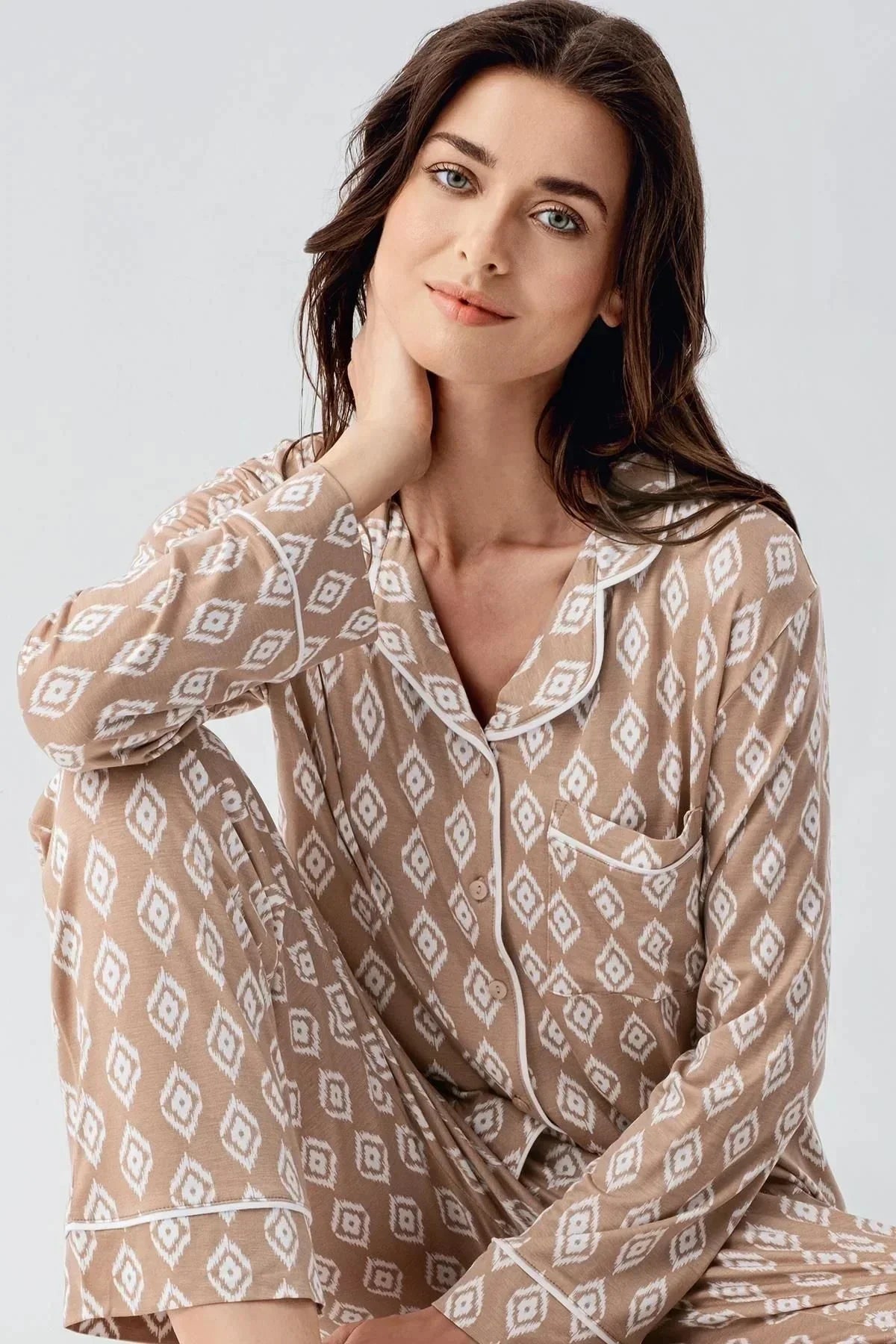 Woman wearing beige long sleeve patterned buttoned viscose pajama set by Artış Collection