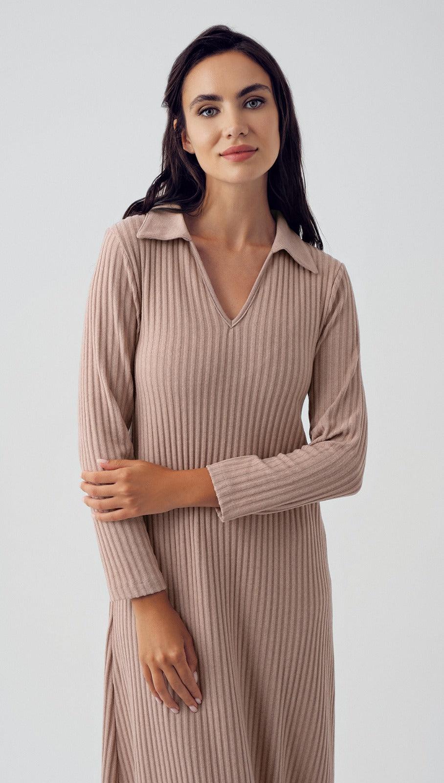 Woman wearing beige ribbed knit long-sleeve dress from Artış Collection
