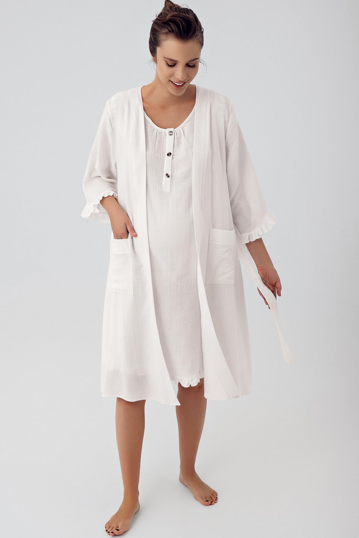 Artış Collection white maternity nightgown and robe set with buttons and pockets