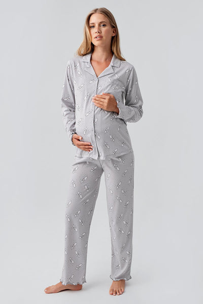 Uzun Kollu Desenli Düğmeli Esnek Pamuklu Hamile Pijama Takım 18200
