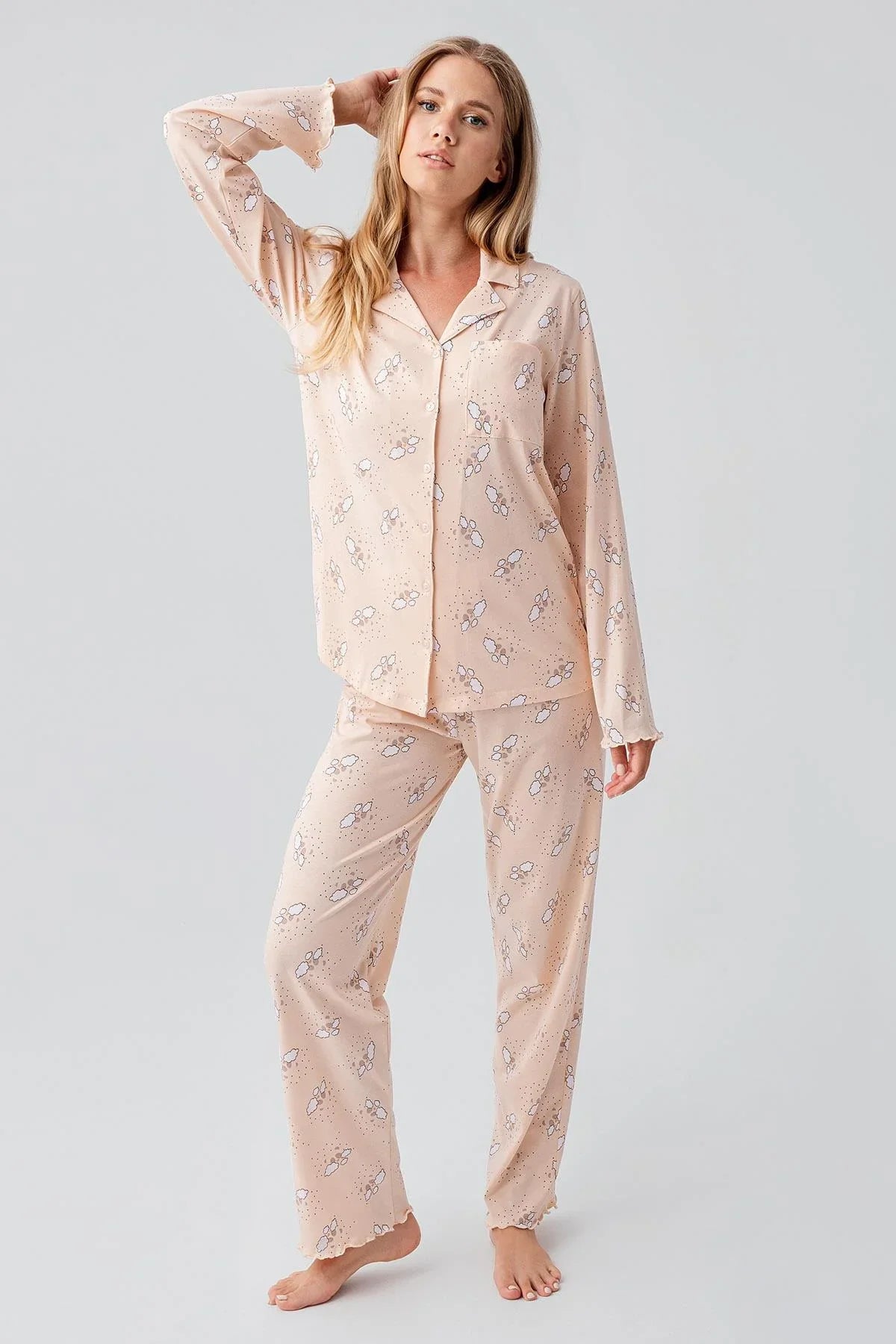 Uzun Kollu Desenli Düğmeli Esnek Pamuklu Hamile Pijama Takım 18200 - Artış Collection