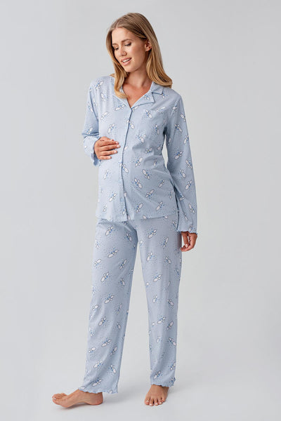 Uzun Kollu Desenli Düğmeli Esnek Pamuklu Hamile Pijama Takım 18200