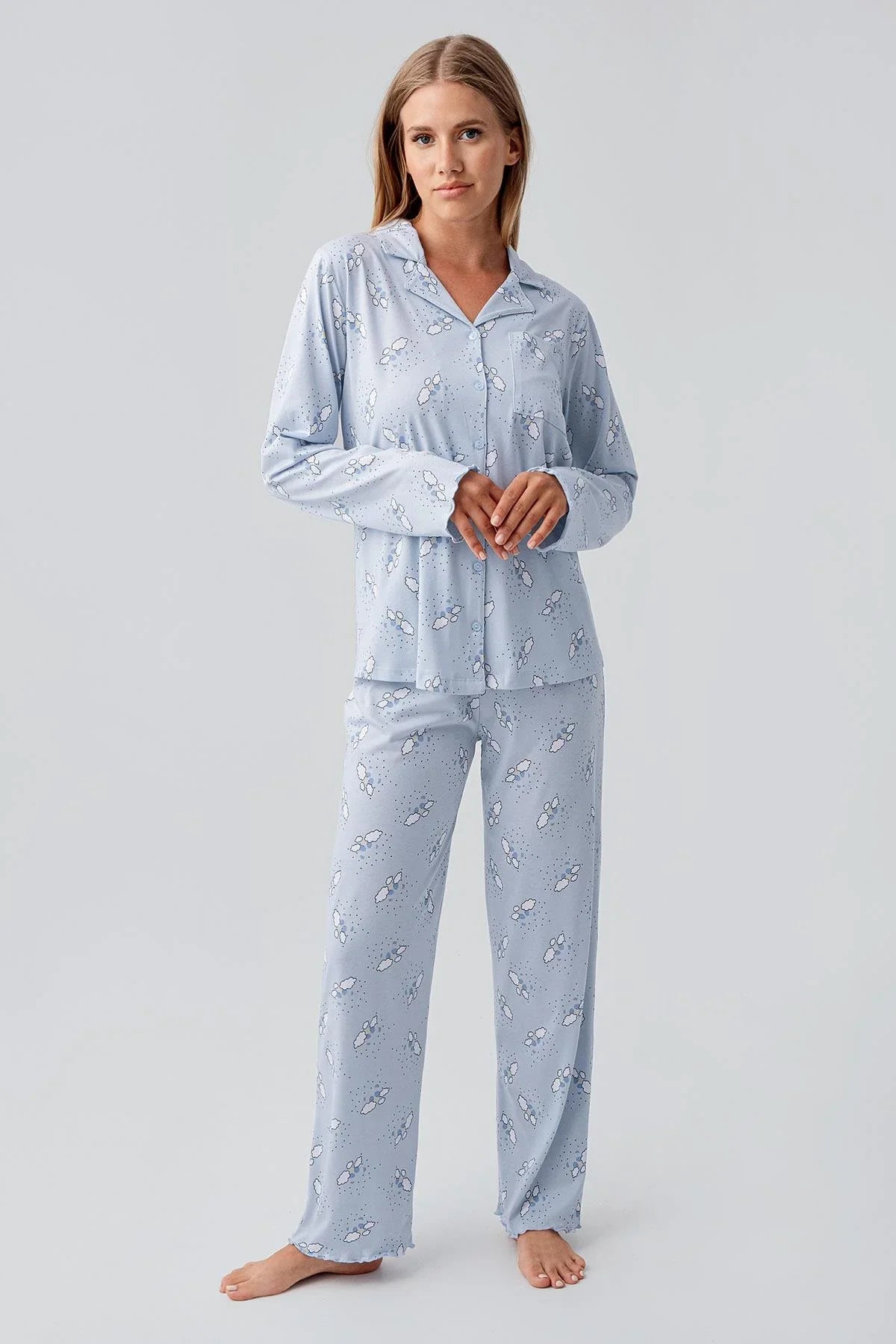 Uzun Kollu Desenli Düğmeli Esnek Pamuklu Hamile Pijama Takım 18200 - Artış Collection