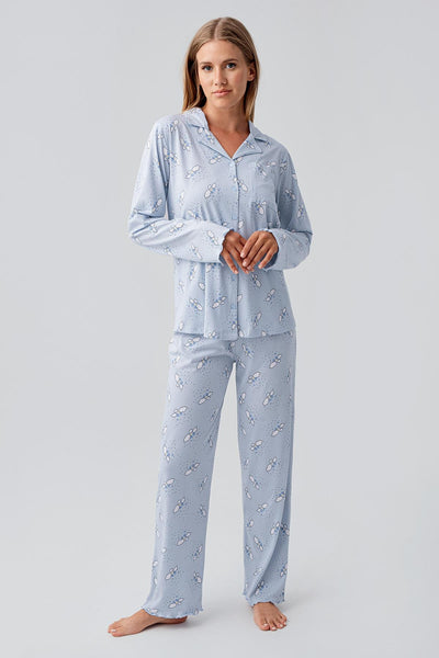 Uzun Kollu Desenli Düğmeli Esnek Pamuklu Hamile Pijama Takım 18200