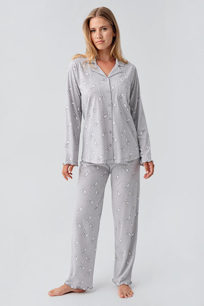 Uzun Kollu Desenli Düğmeli Esnek Pamuklu Hamile Pijama Takım 18200