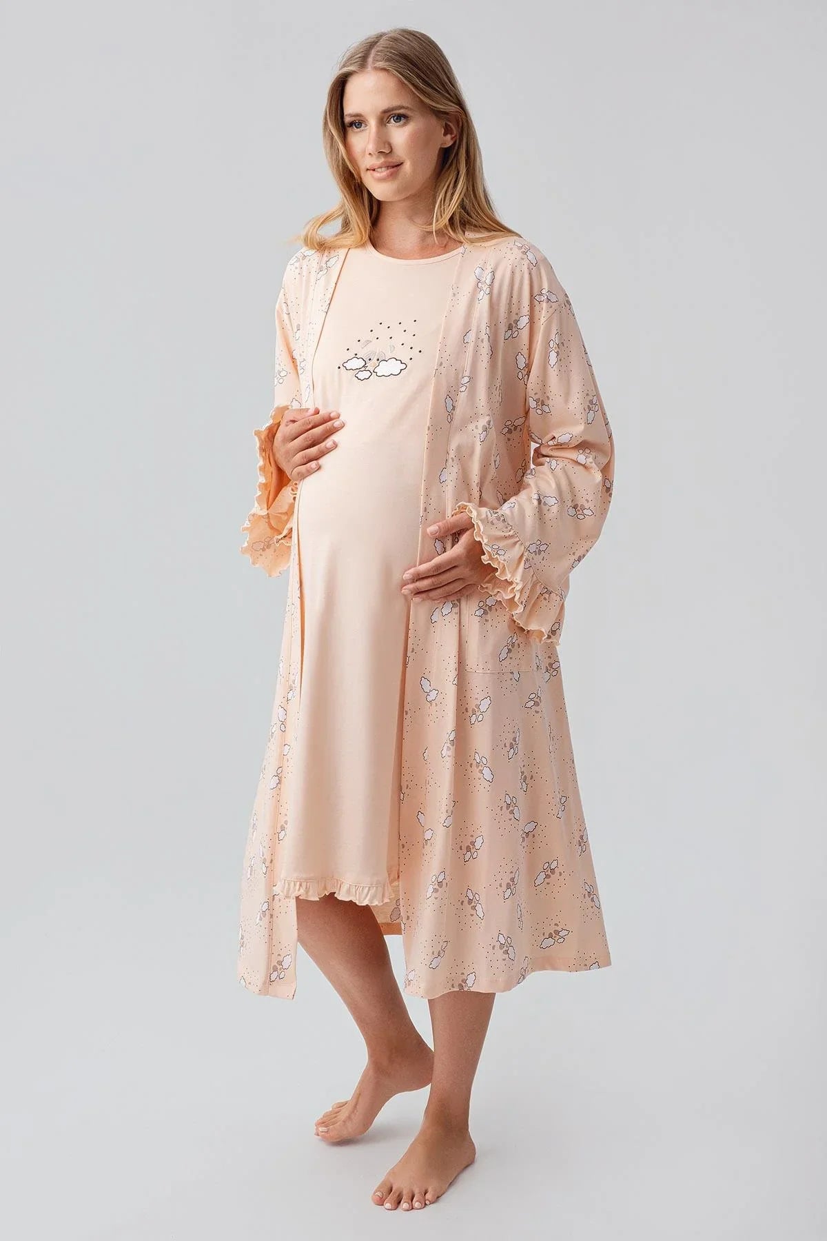 Uzun Kollu Desenli Esnek Pamuklu Hamile Sabahlık Gecelik Takım 18400