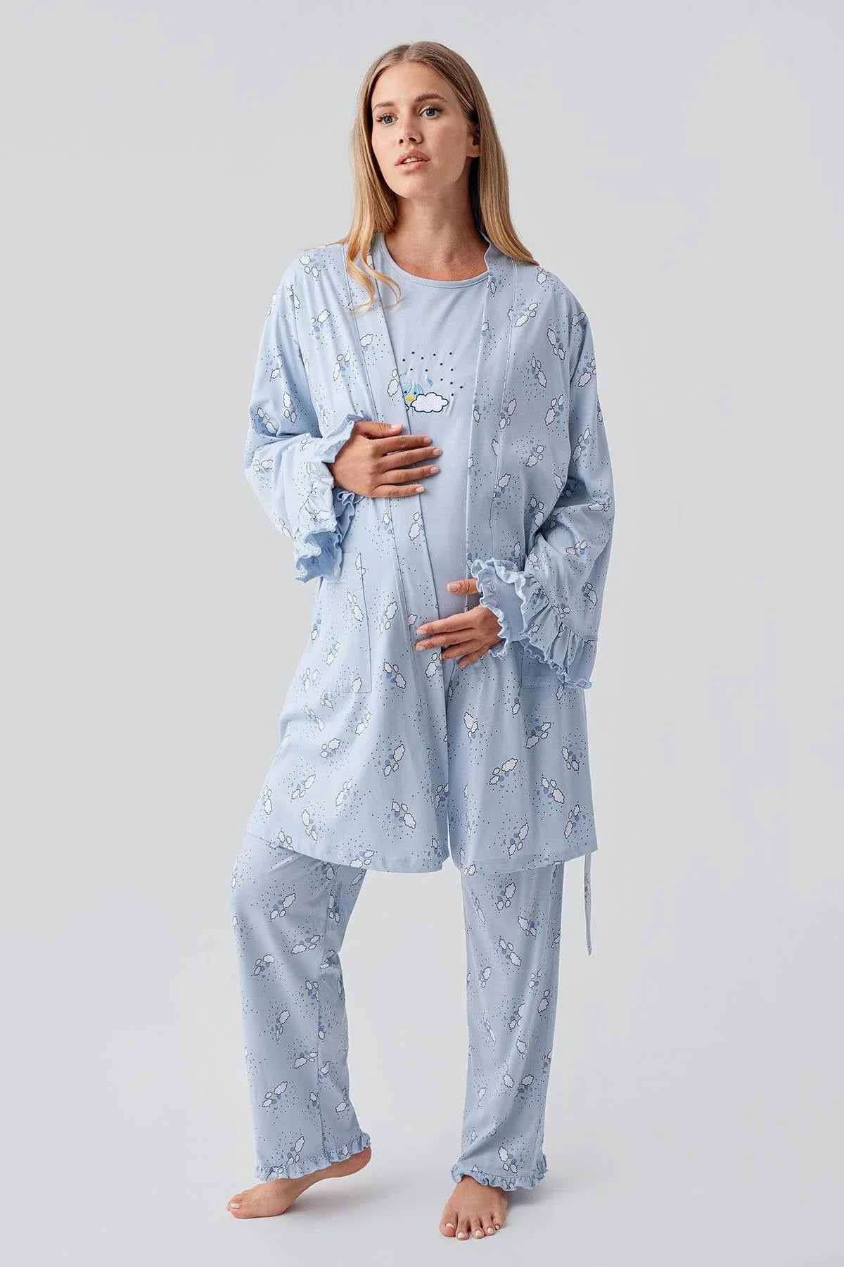 Uzun Kollu Desenli Esnek Pamuklu Hamile Sabahlık Pijama Takım 18300