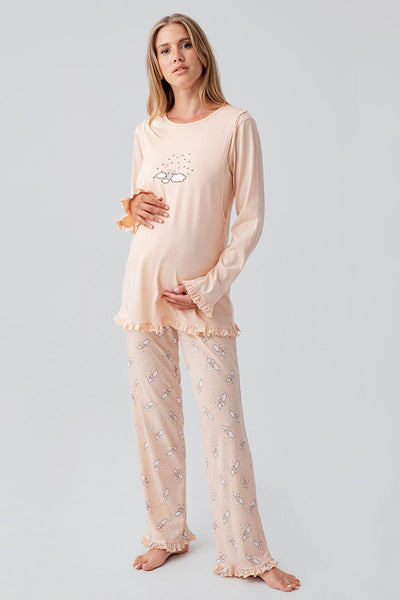 Uzun Kollu Desenli Esnek Pamuklu Hamile Sabahlık Pijama Takım 18300
