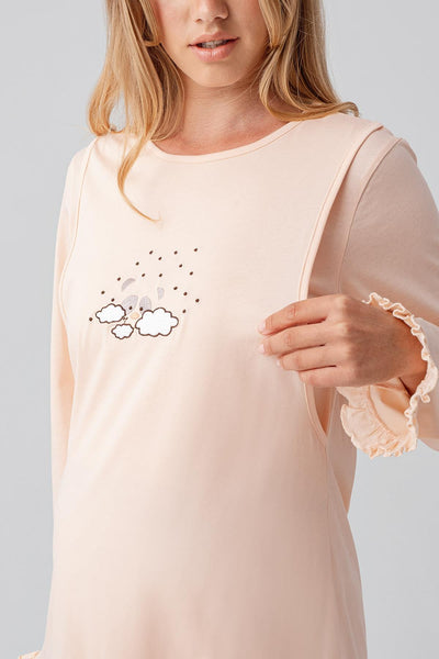 Uzun Kollu Desenli Esnek Pamuklu Hamile Sabahlık Pijama Takım 18300
