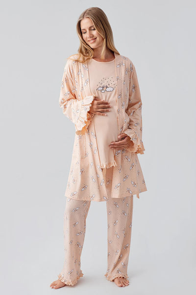 Uzun Kollu Desenli Esnek Pamuklu Hamile Sabahlık Pijama Takım 18300