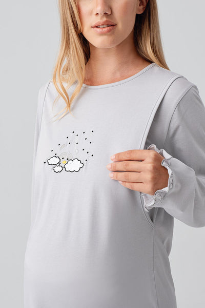 Uzun Kollu Desenli Esnek Pamuklu Hamile Sabahlık Pijama Takım 18300