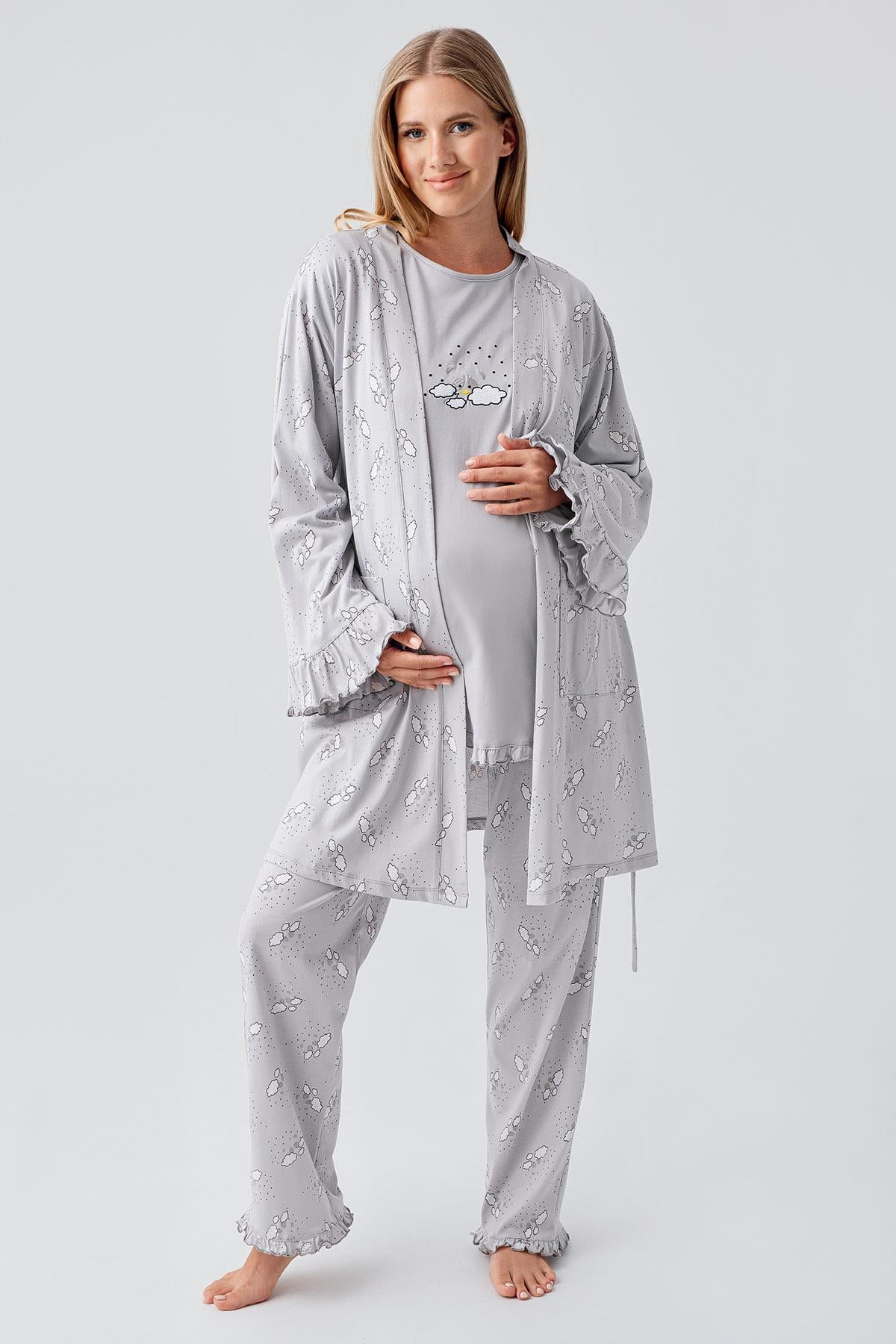 Uzun Kollu Desenli Esnek Pamuklu Hamile Sabahlık Pijama Takım 18300
