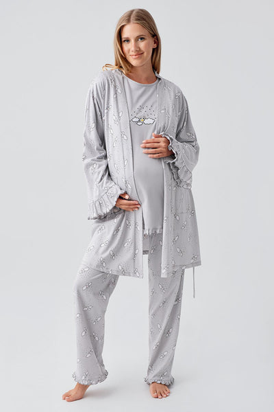 Uzun Kollu Desenli Esnek Pamuklu Hamile Sabahlık Pijama Takım 18300