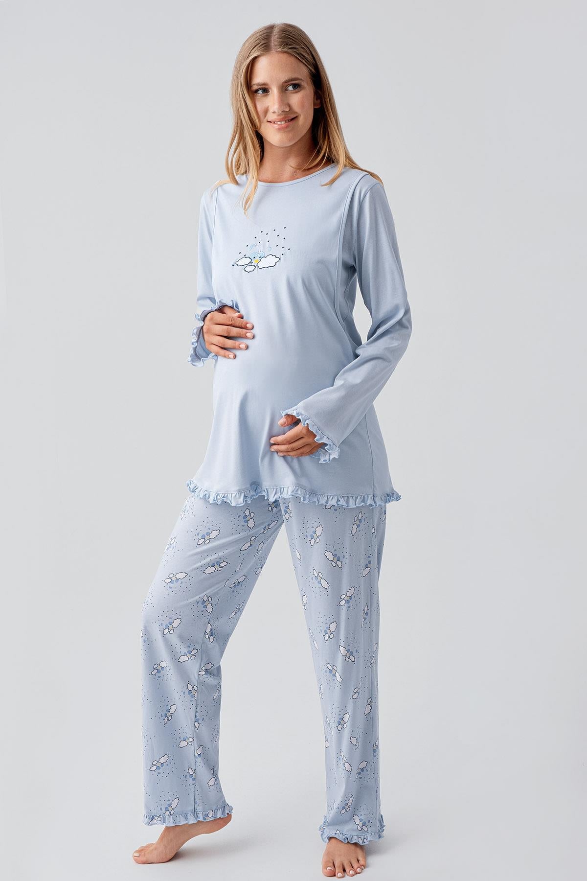 Uzun Kollu Desenli Esnek Pamuklu Hamile Sabahlık Pijama Takım 18300