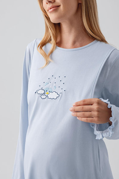 Uzun Kollu Desenli Esnek Pamuklu Hamile Sabahlık Pijama Takım 18300