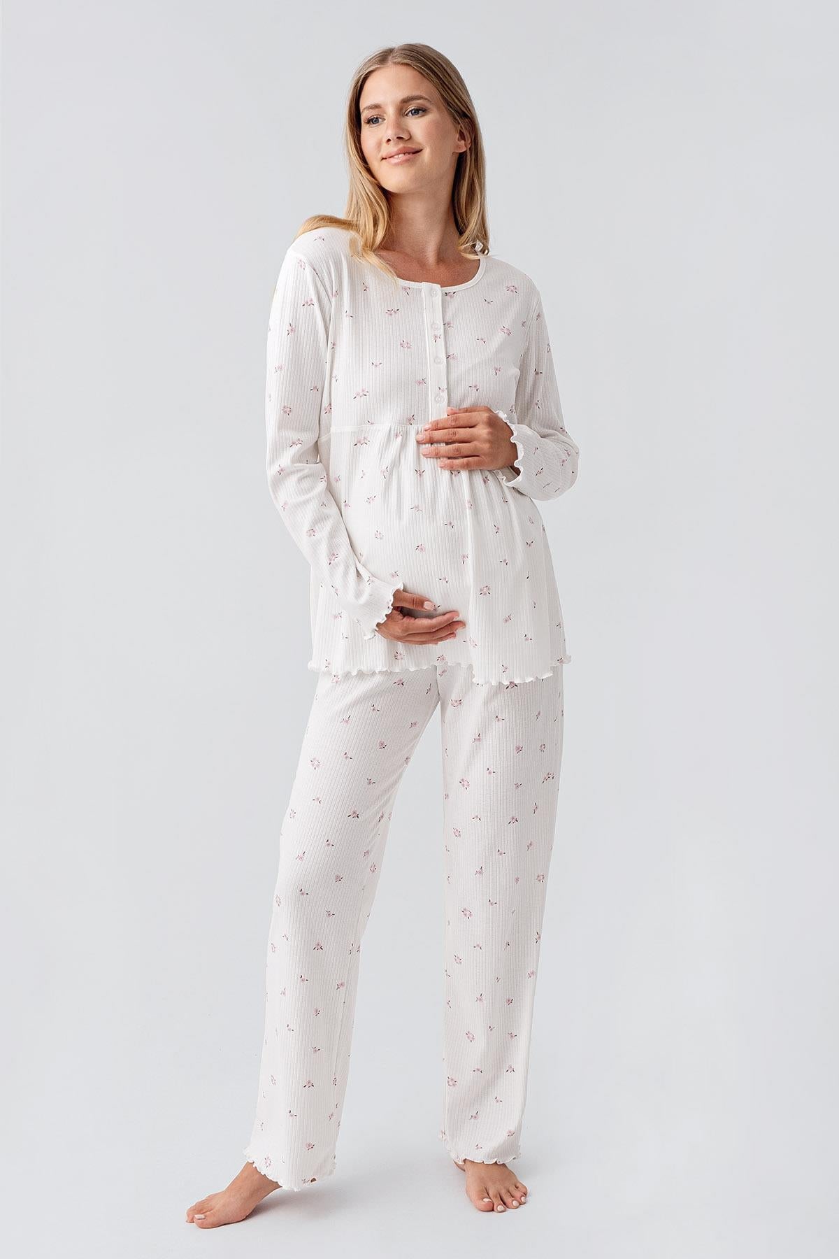 Uzun Kollu Desenli Düğmeli Esnek Pamuklu Hamile Pijama Takım 18218