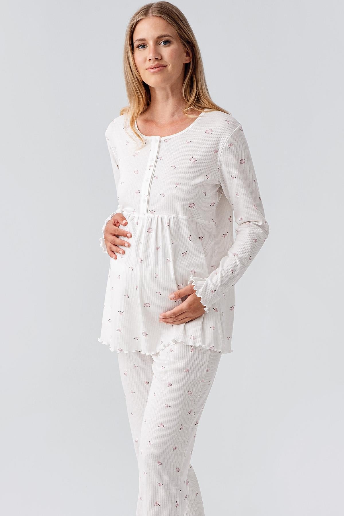 Uzun Kollu Desenli Düğmeli Esnek Pamuklu Hamile Pijama Takım 18218