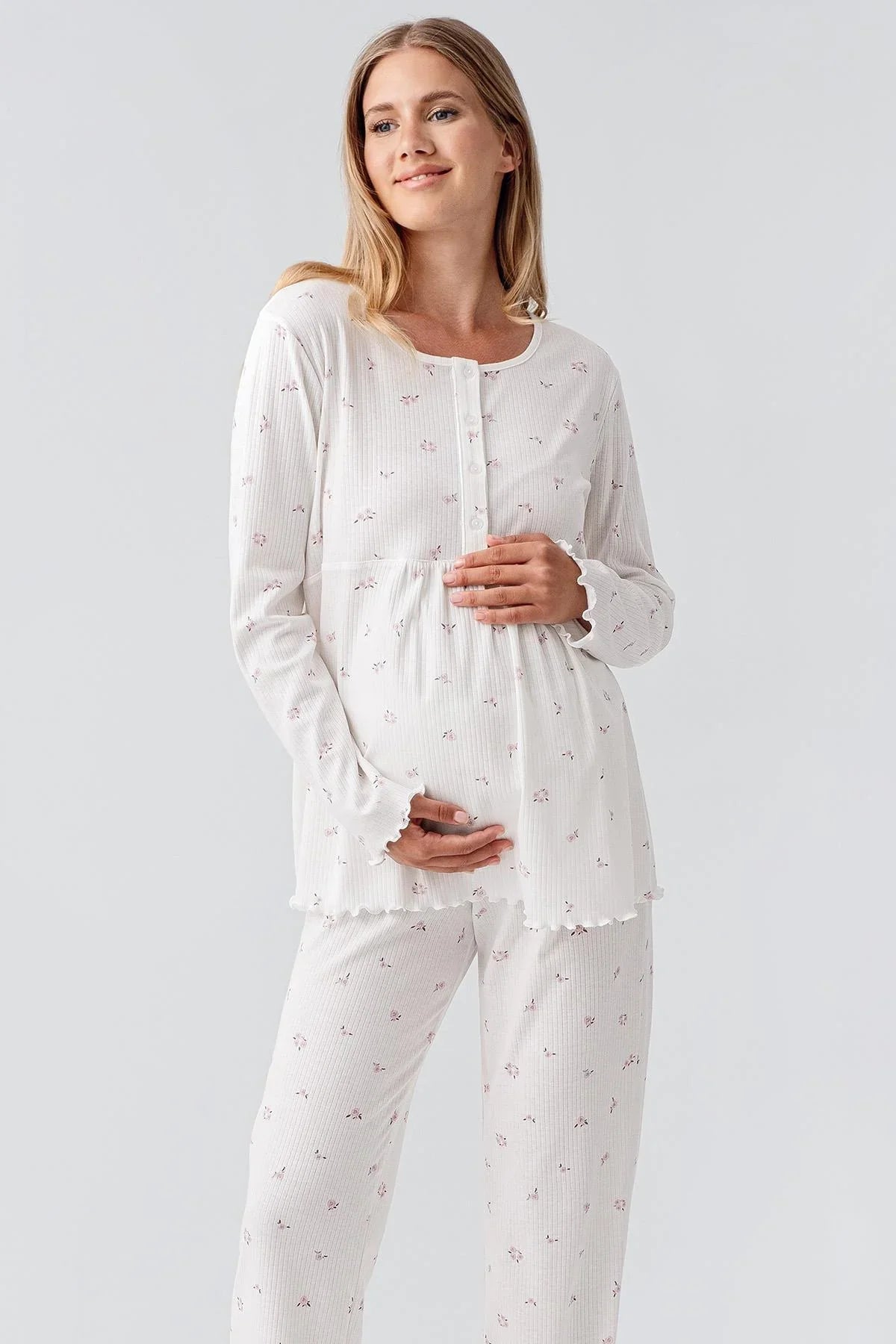 Uzun Kollu Desenli Düğmeli Esnek Pamuklu Hamile Pijama Takım 18218 - Artış Collection