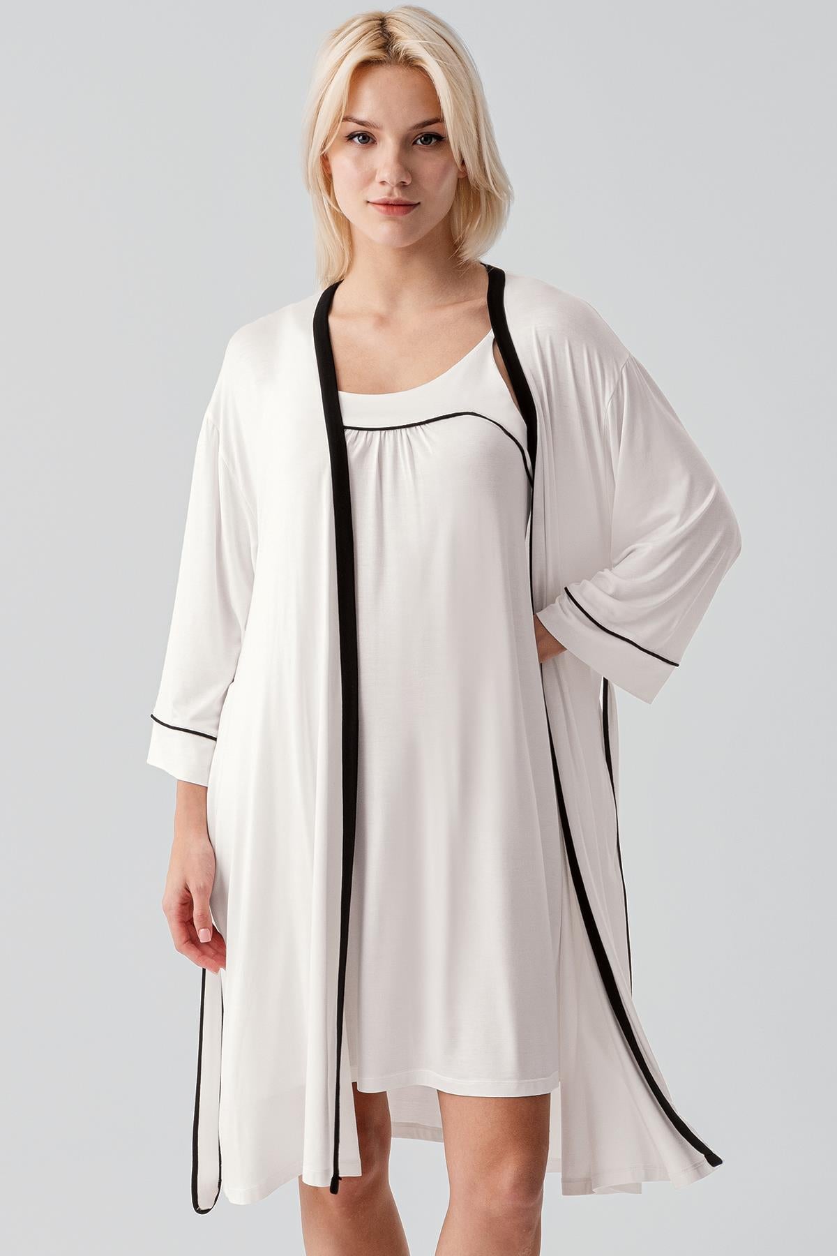 Askılı Biyeli Kısa Likralı Esnek Viskoz Sabahlık Gecelik Takım 19415