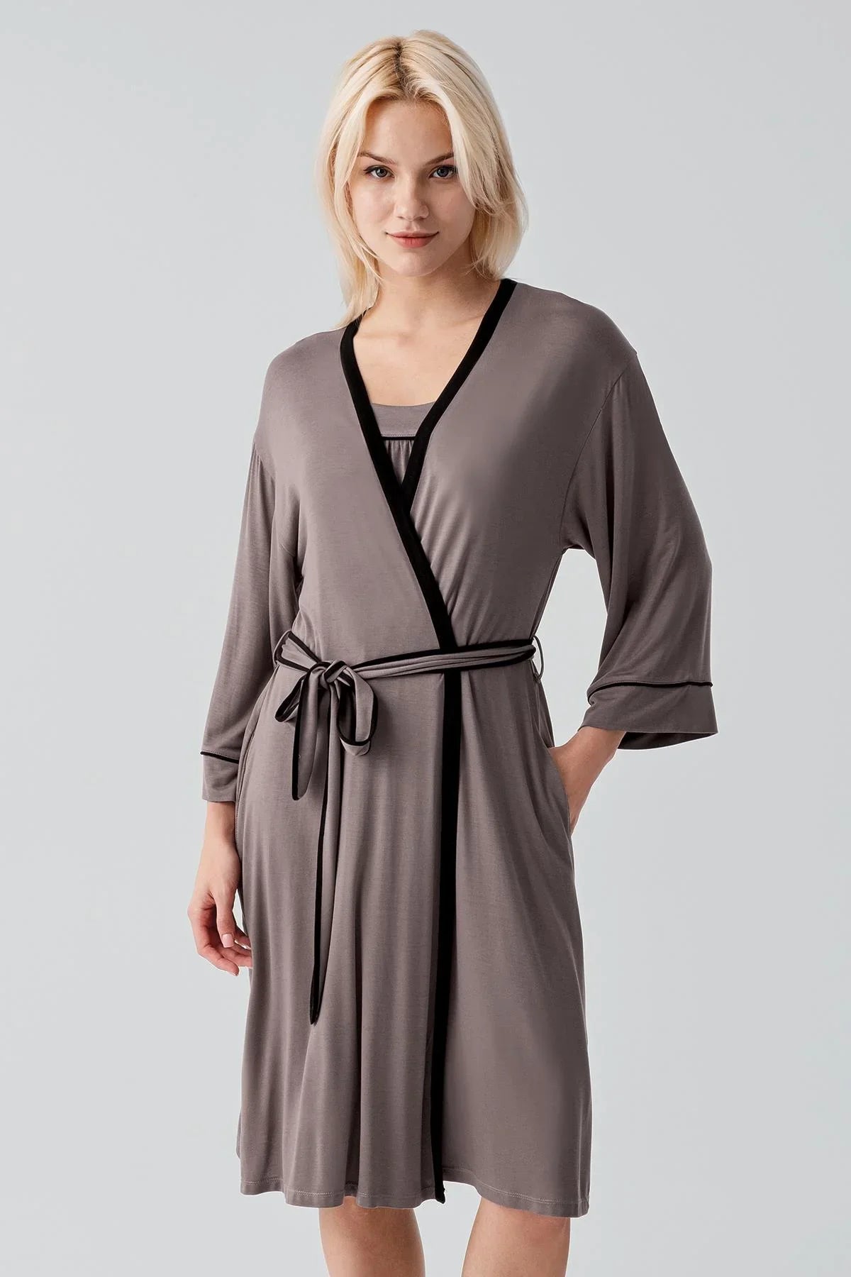 Sleeveless Bias-Cut Short Lycra Flexible Viscose Robe Nightgown Set 19415
