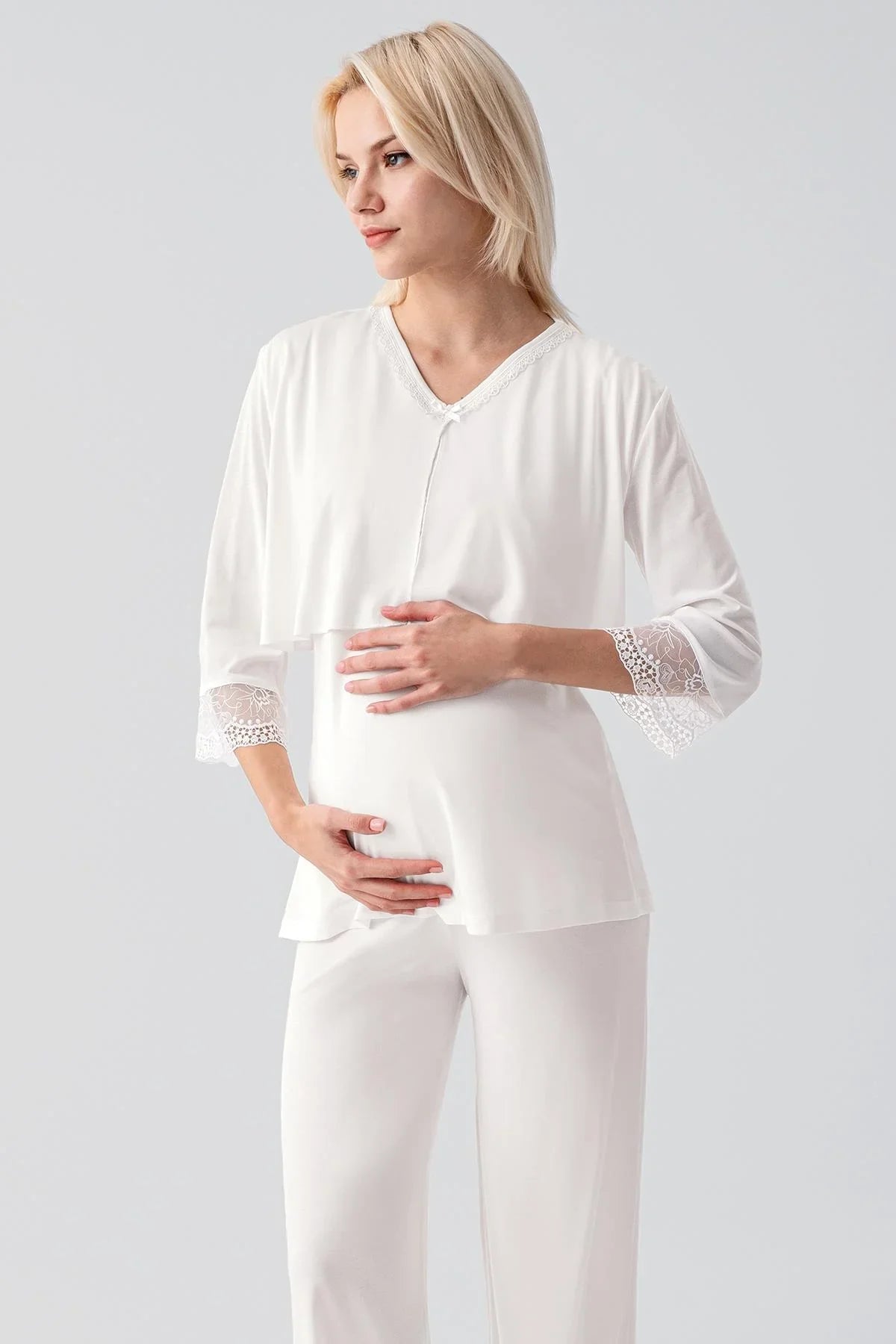 Truvakar Kollu Dantelli Düğmeli Esnek Viskoz Hamile Sabahlık Pijama Takım 19301