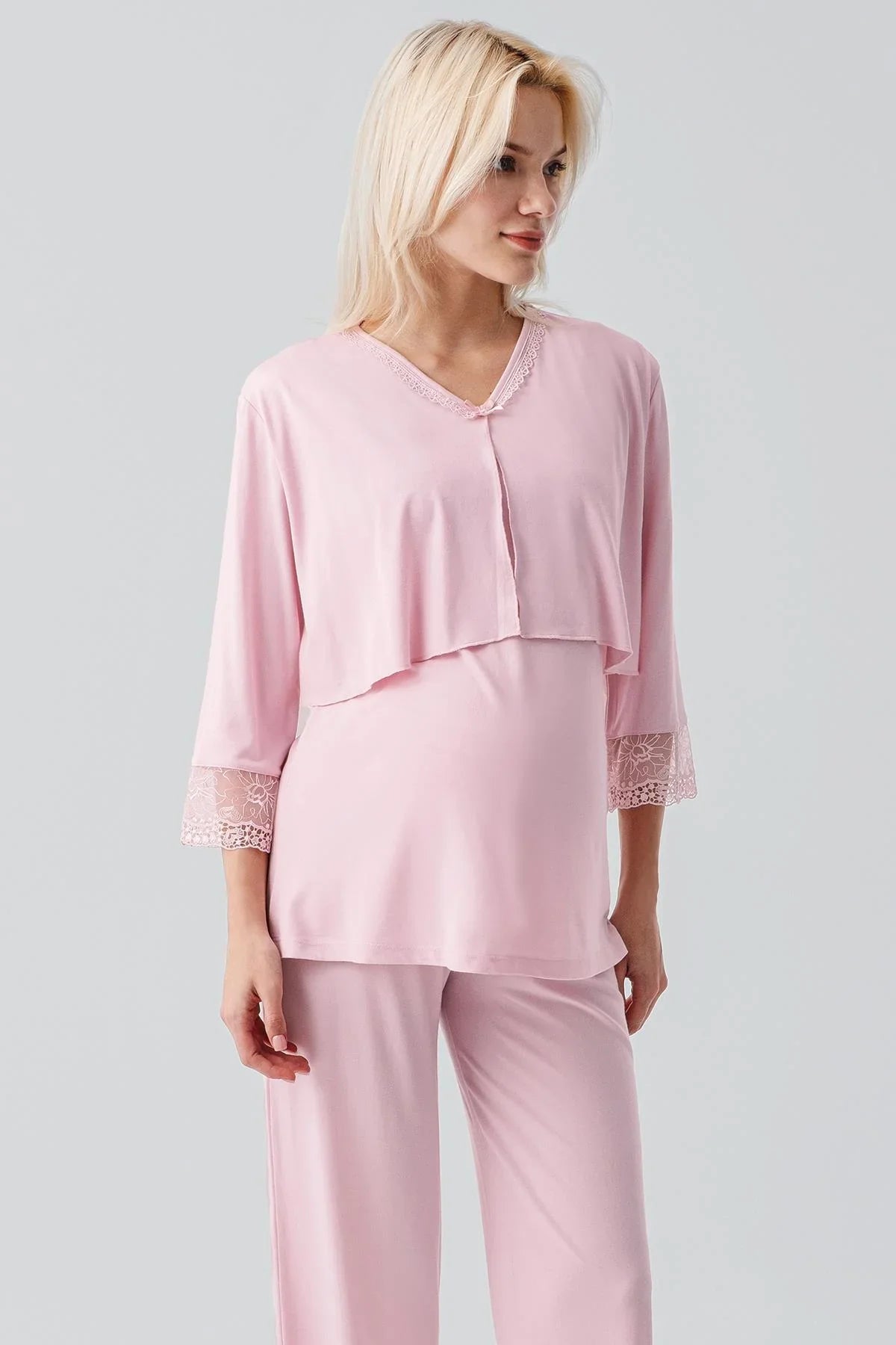 Truvakar Kollu Dantelli Düğmeli Esnek Viskoz Hamile Sabahlık Pijama Takım 19301