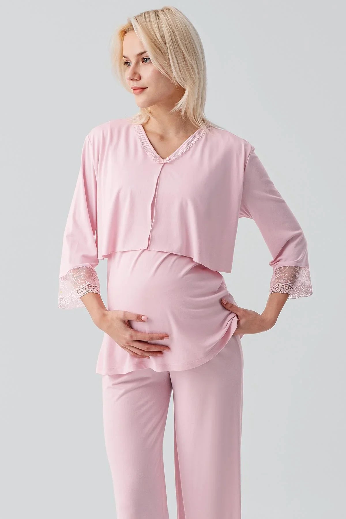 Truvakar Kollu Dantelli Düğmeli Esnek Viskoz Hamile Sabahlık Pijama Takım 19301