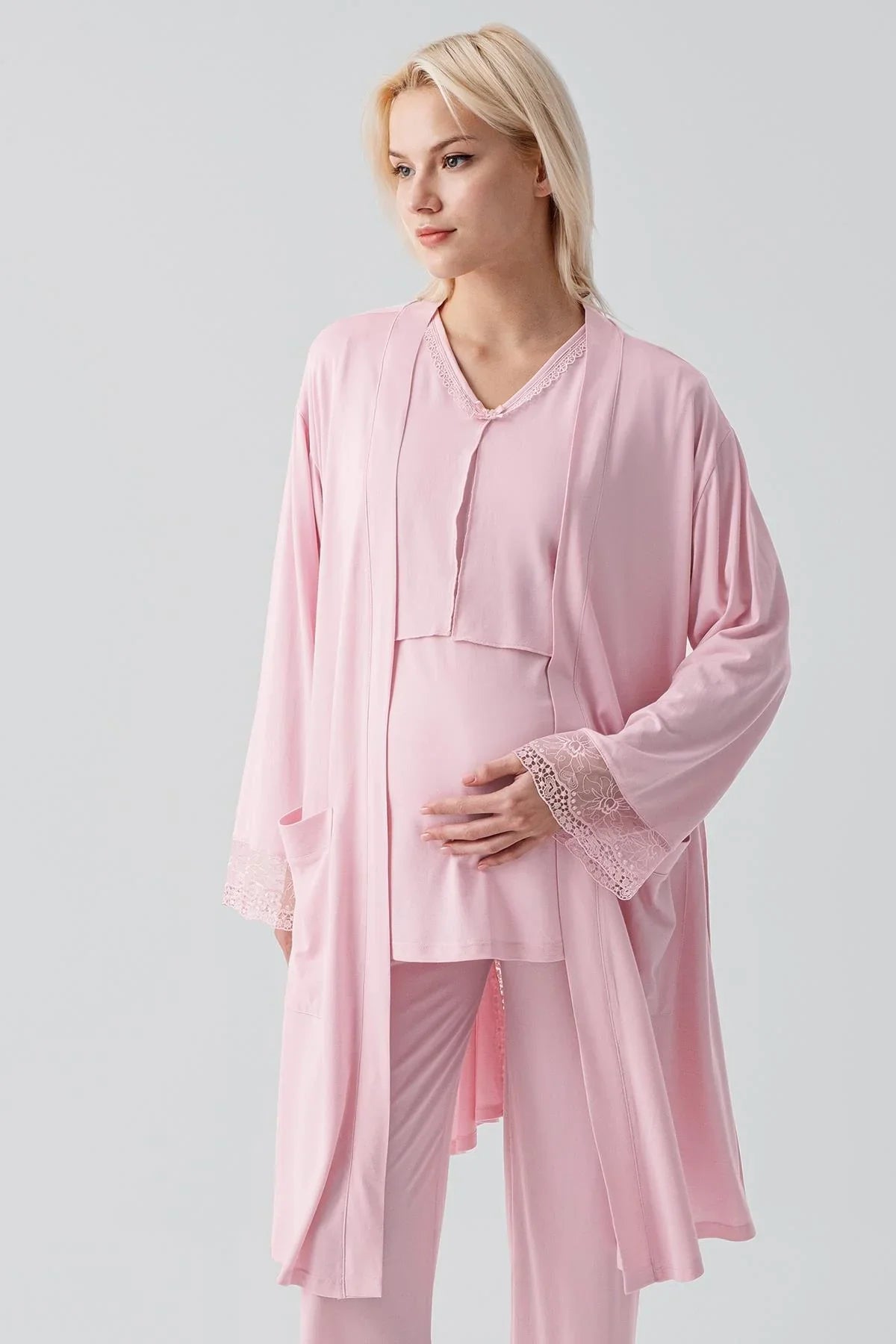 Truvakar Kollu Dantelli Düğmeli Esnek Viskoz Hamile Sabahlık Pijama Takım 19301