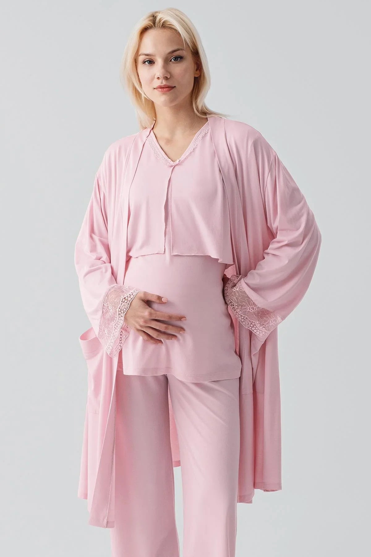 Truvakar Kollu Dantelli Düğmeli Esnek Viskoz Hamile Sabahlık Pijama Takım 19301