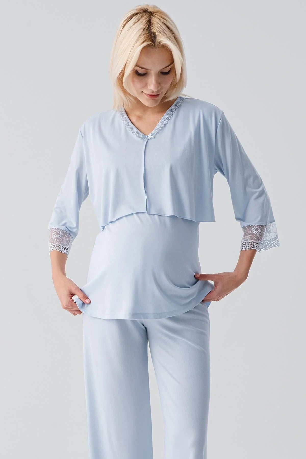 Truvakar Kollu Dantelli Düğmeli Esnek Viskoz Hamile Sabahlık Pijama Takım 19301