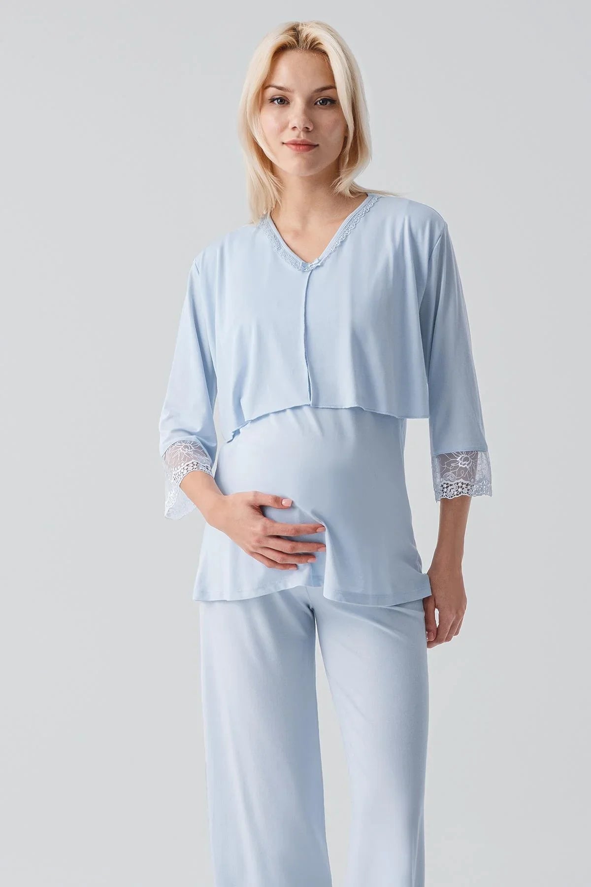 Truvakar Kollu Dantelli Düğmeli Esnek Viskoz Hamile Sabahlık Pijama Takım 19301