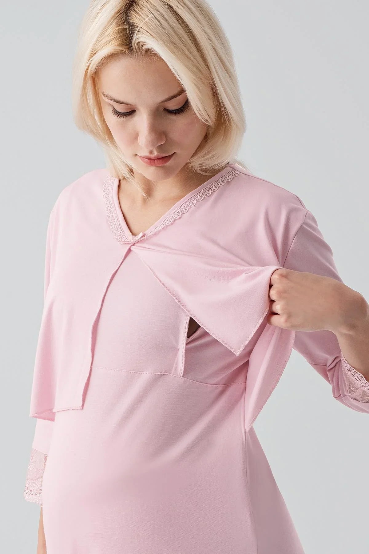 Truvakar Kollu Dantelli Düğmeli Esnek Viskoz Hamile Sabahlık Pijama Takım 19301