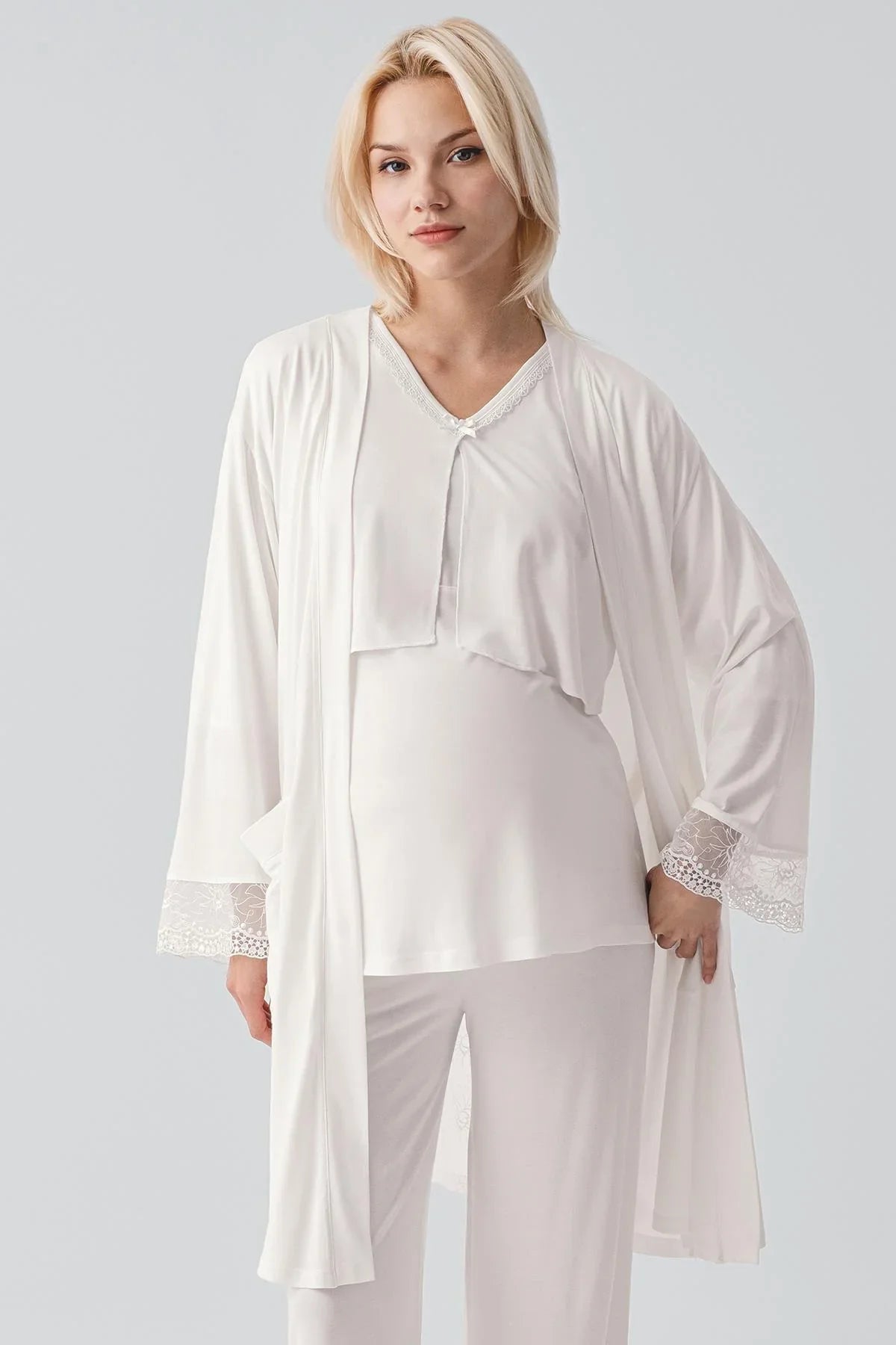 Truvakar Kollu Dantelli Düğmeli Esnek Viskoz Hamile Sabahlık Pijama Takım 19301