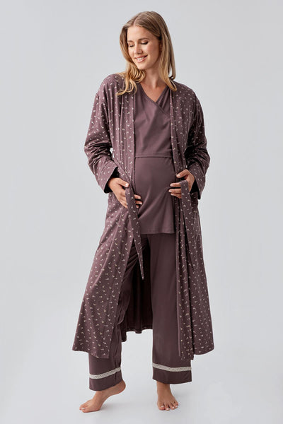 Uzun Kollu Desenli Esnek Pamuklu Hamile Sabahlık Pijama Takım 18301
