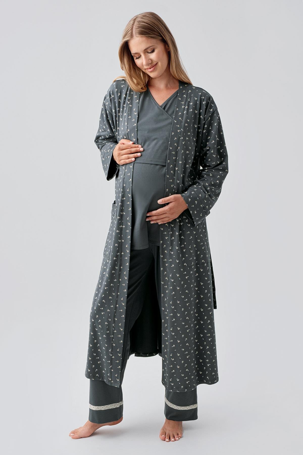Uzun Kollu Desenli Esnek Pamuklu Hamile Sabahlık Pijama Takım 18301