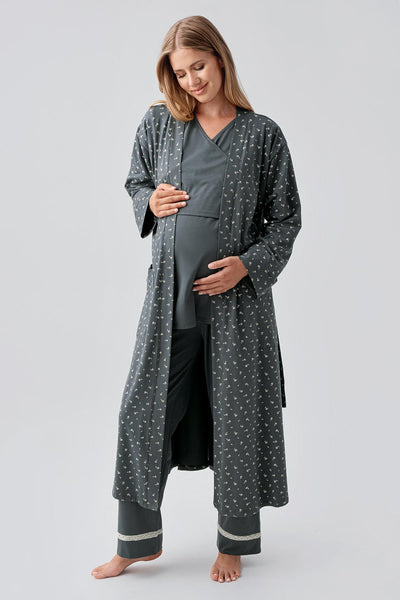 Uzun Kollu Desenli Esnek Pamuklu Hamile Sabahlık Pijama Takım 18301