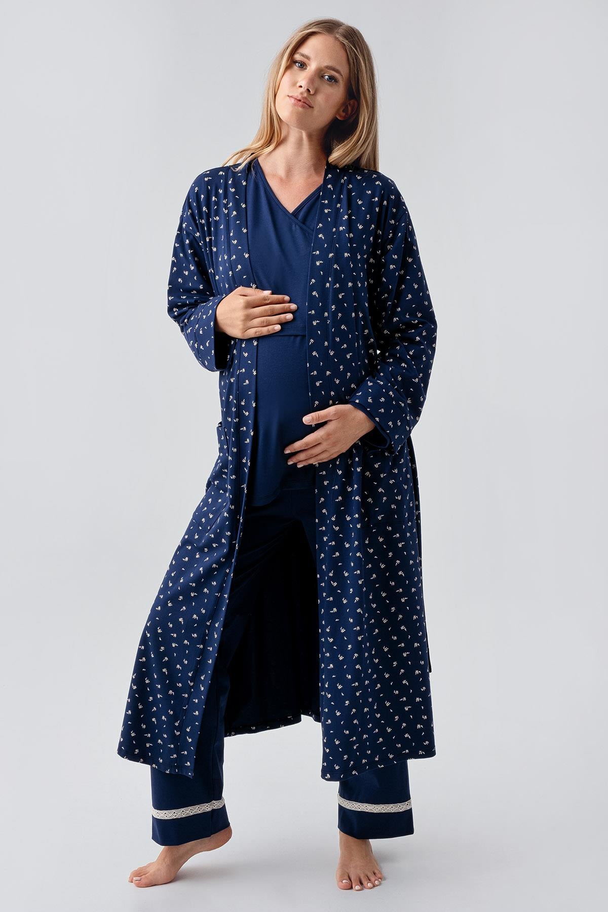 Uzun Kollu Desenli Esnek Pamuklu Hamile Sabahlık Pijama Takım 18301