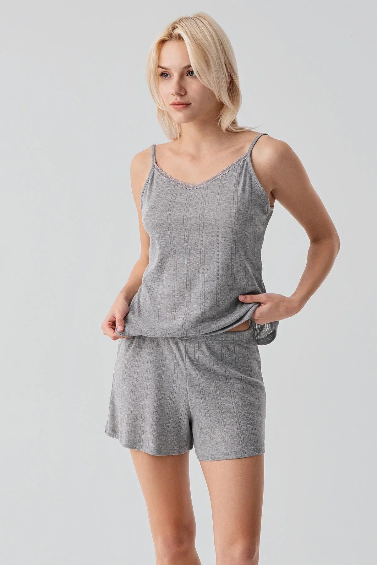 Ajurlu Askılı Esnek Pamuklu Şort Pijama Takım 17208 - Artış Collection