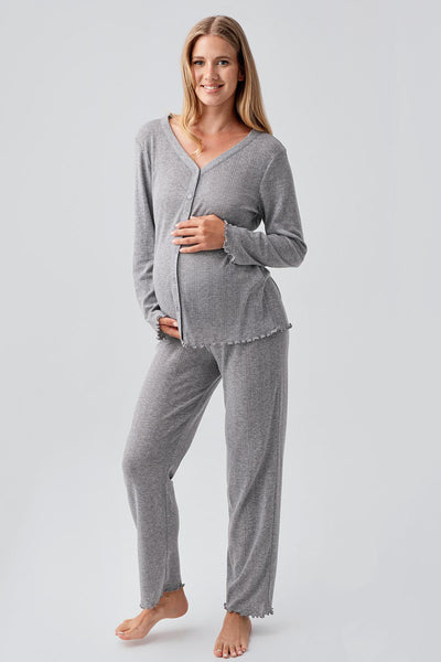 Uzun Kollu Ajurlu Düğmeli Esnek Pamuklu Hamile Pijama Takım