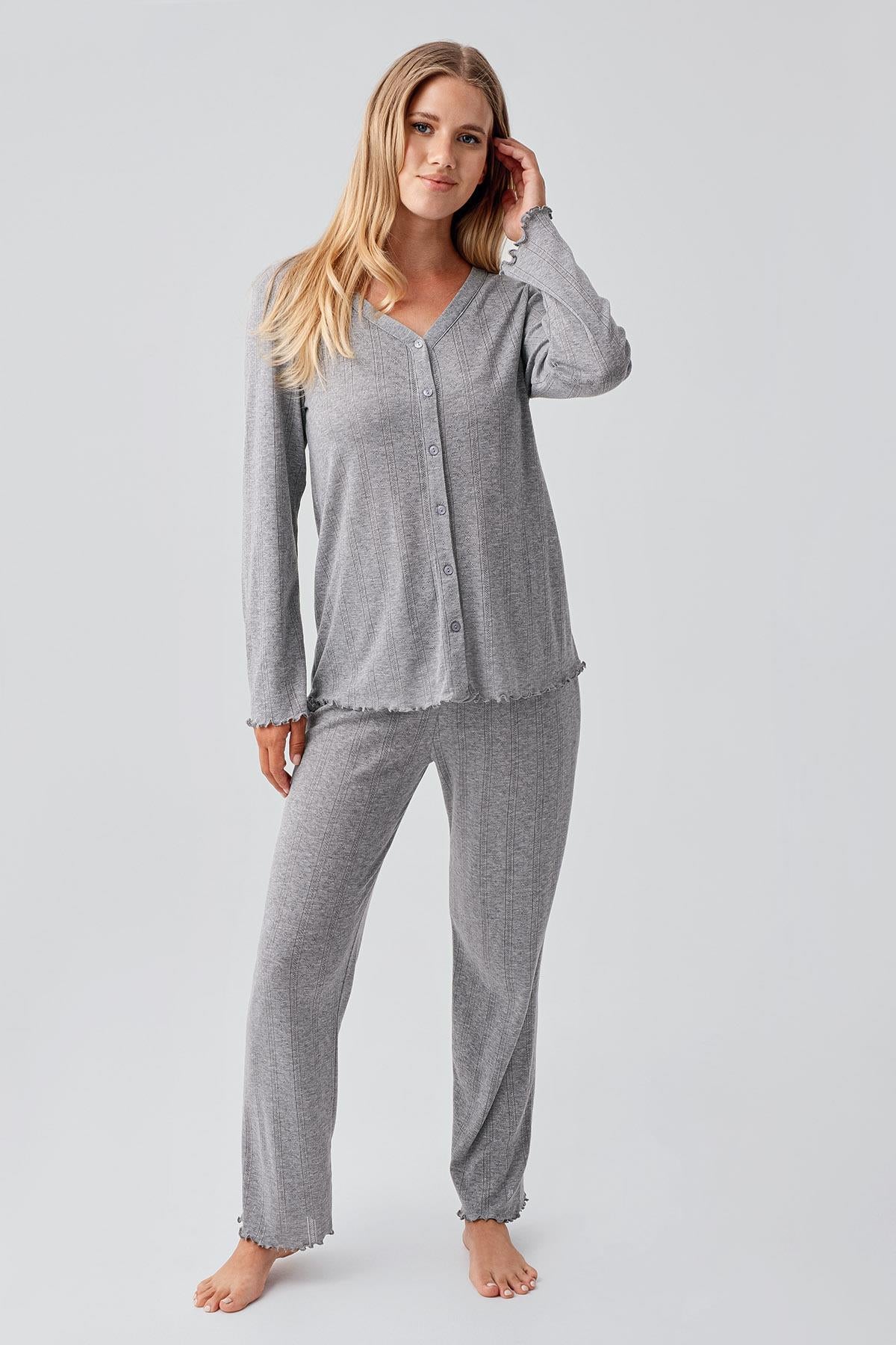 Uzun Kollu Ajurlu Düğmeli Esnek Pamuklu Hamile Pijama Takım