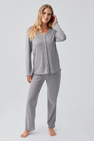 Uzun Kollu Ajurlu Düğmeli Esnek Pamuklu Hamile Pijama Takım