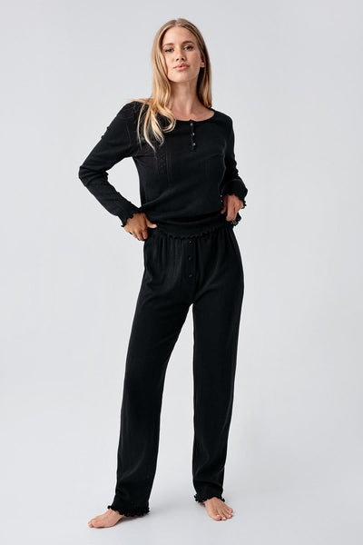 Uzun Kollu Ajurlu Düğmeli Esnek Pamuklu Pijama Takım 18213