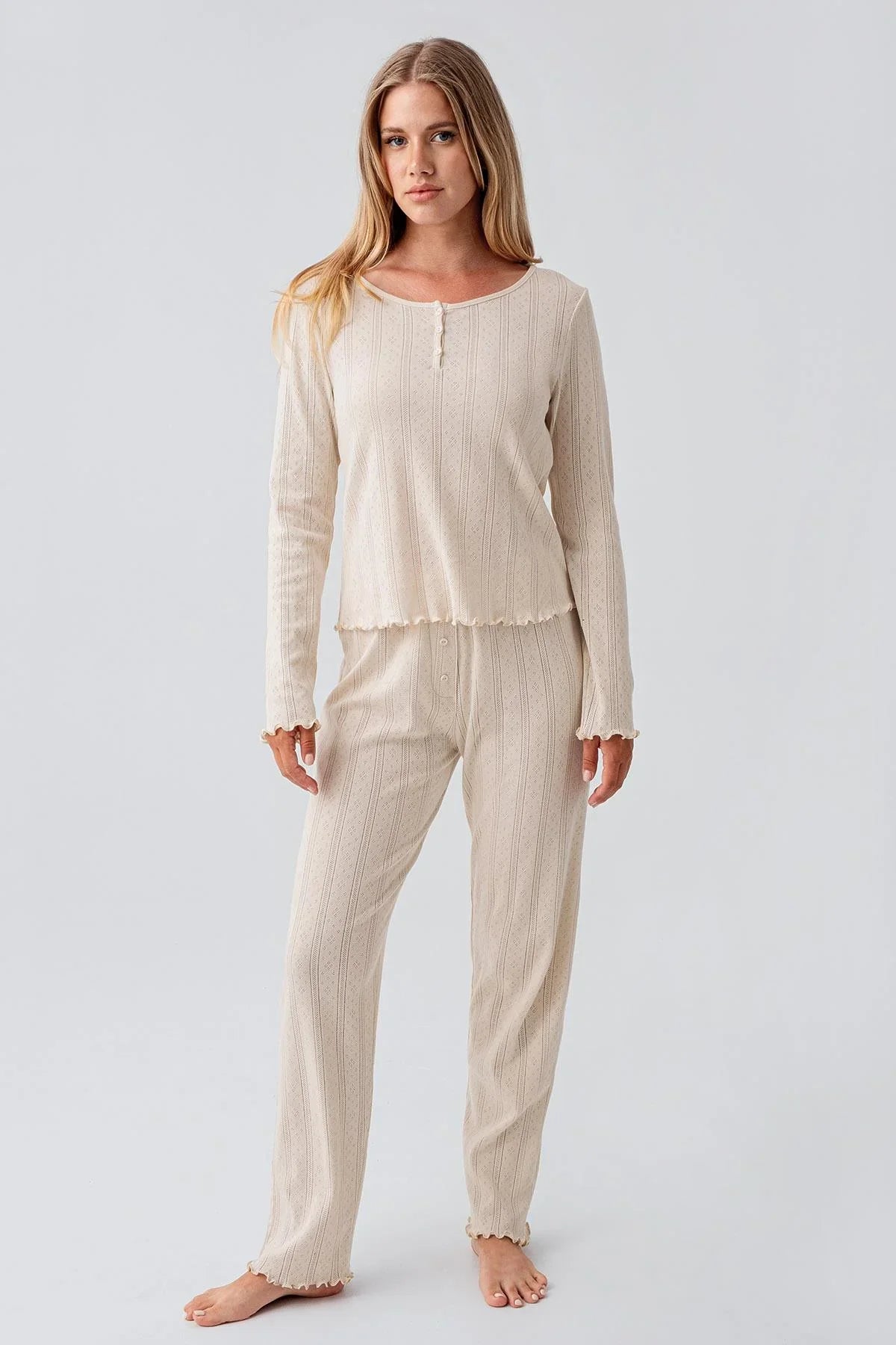 Uzun Kollu Ajurlu Düğmeli Esnek Pamuklu Pijama Takım 18213 - Artış Collection