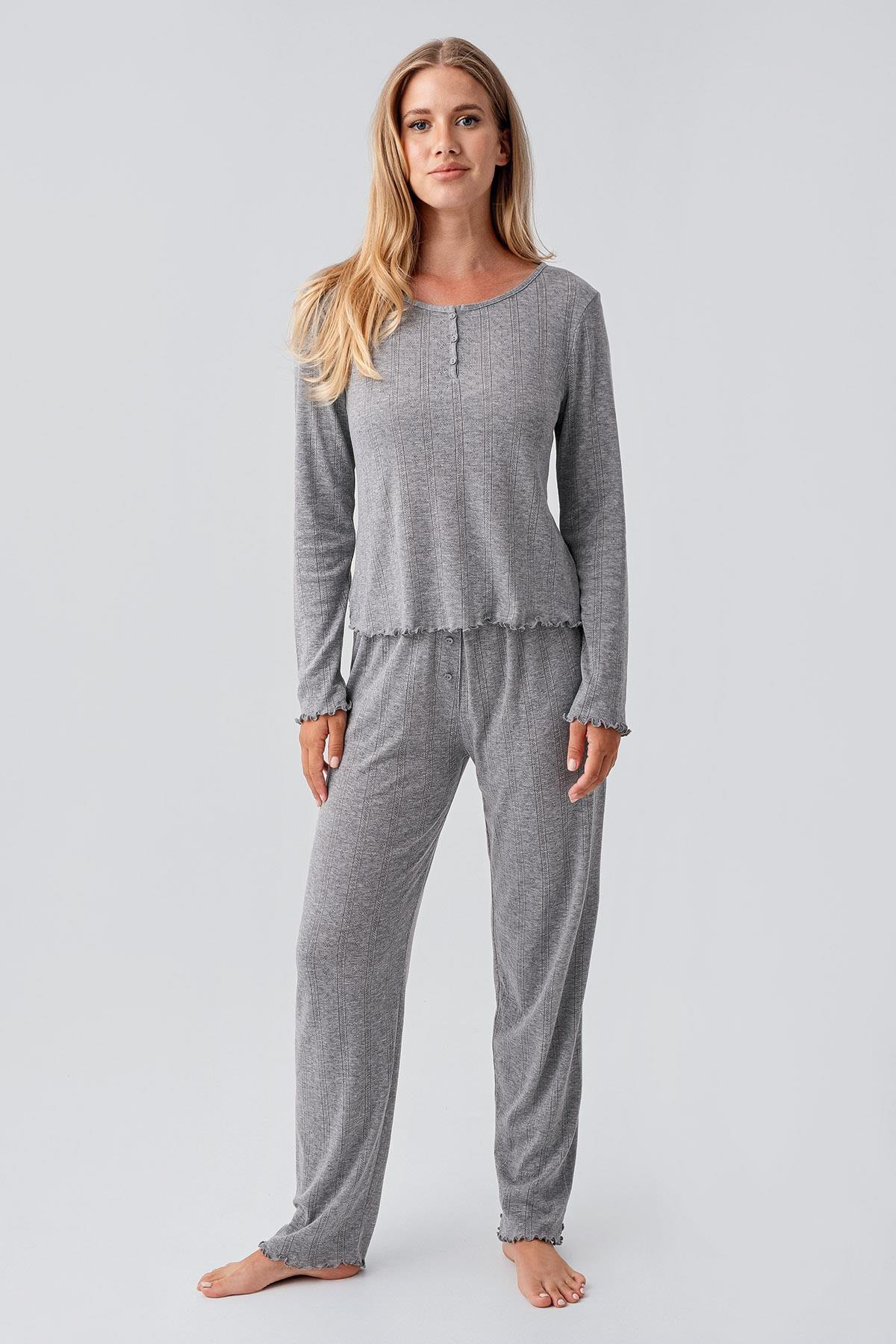 Uzun Kollu Ajurlu Düğmeli Esnek Pamuklu Pijama Takım 18213 - Artış Collection