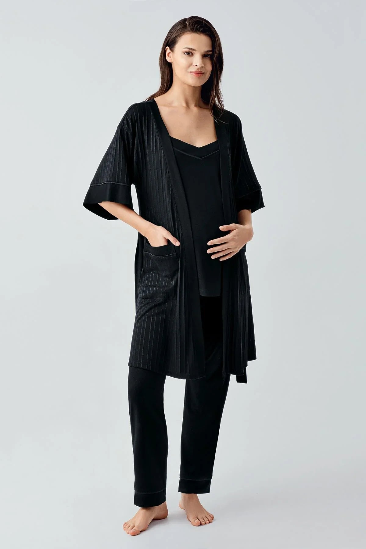 Askılı Esnek Viskoz Hamile Sabahlık Pijama Takım 17301