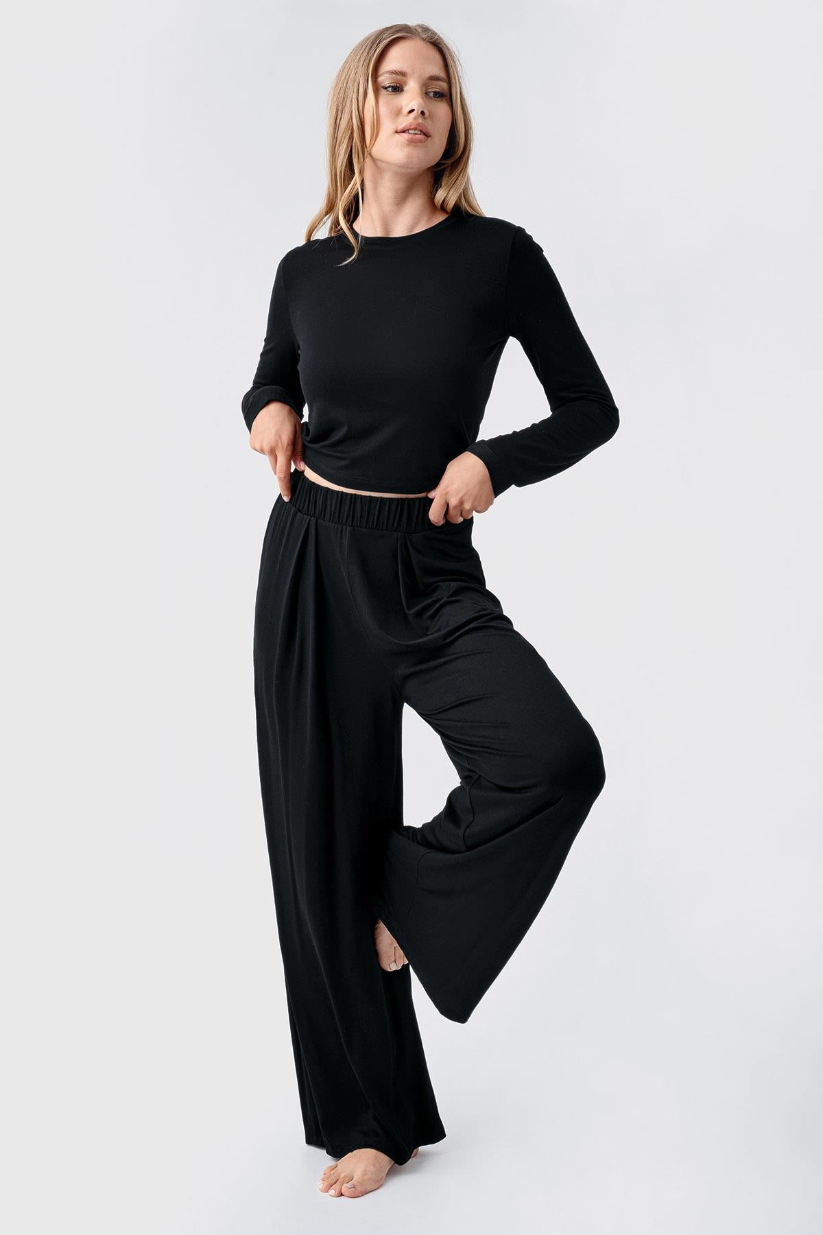 Long Sleeve Crop Wide Leg Flexible Viscose Pajama Set 18210