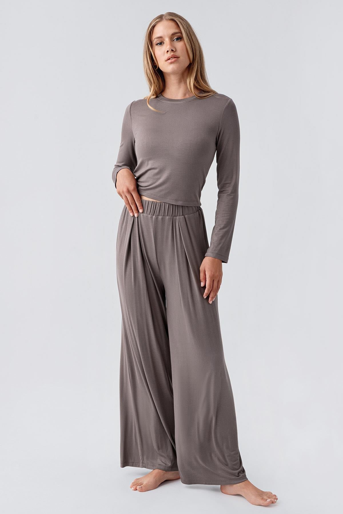 Long Sleeve Crop Wide Leg Flexible Viscose Pajama Set 18210