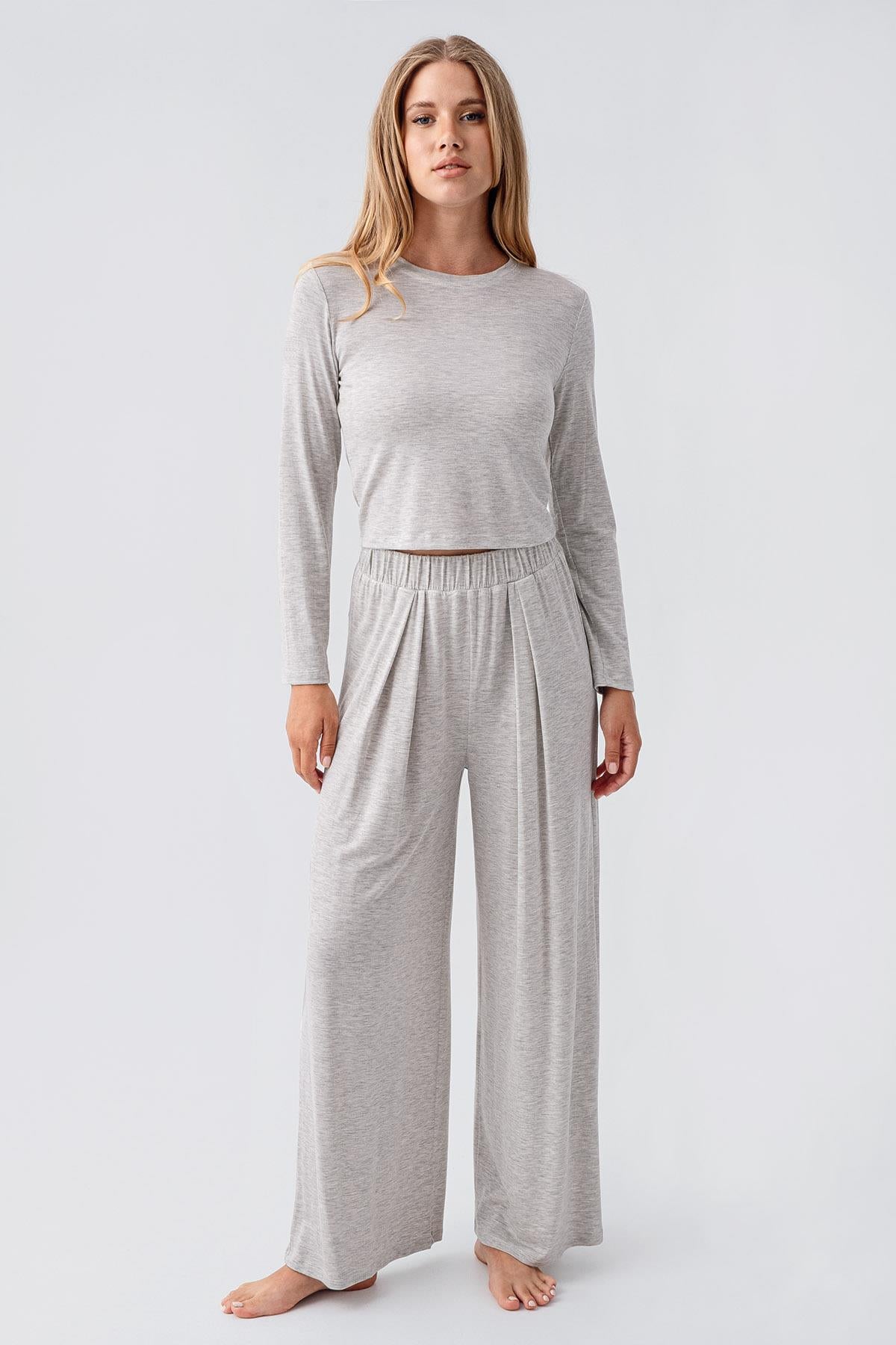 Long Sleeve Crop Wide Leg Flexible Viscose Pajama Set 18210
